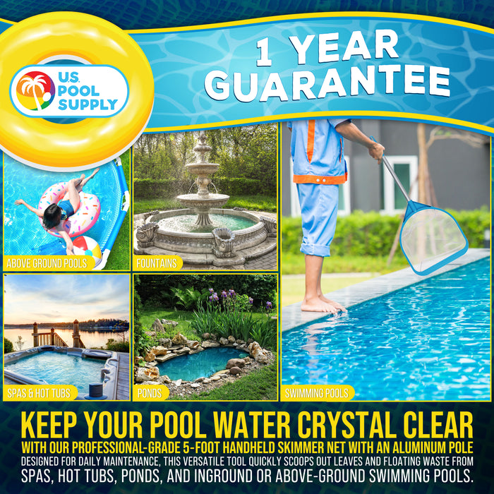 U.S. Pool Supply Pool and Spa Skimmer Net with Pole, 30" Long Handheld Ultra-Fine Mesh Pool Skimmer Net - Hand Held Spa, Hot Tub, Pond Cleaning - 17" Pole Handle, Deep Leaf Netting, Scoop Skim Leaves