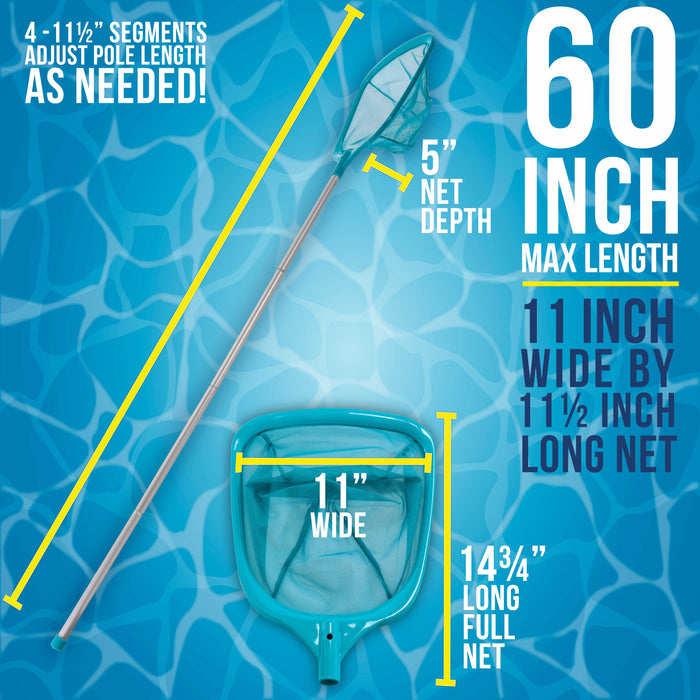 U.S. Pool Supply® Swimming Pool 5 Foot Leaf Skimmer Net with 4 Aluminum Pole Sections - 6" Deep Ultra Fine Mesh Netting Bag Basket for Fast Cleaning of Debris, 60" Long