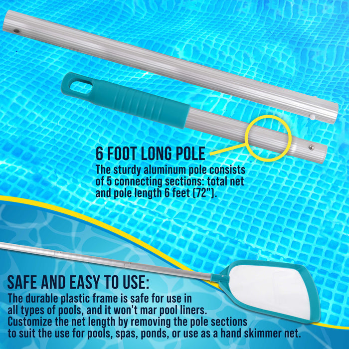 Professional Swimming Pool 6-Foot Leaf Skimmer Net with 5 Aluminum Pole Sections - Ultra Fine Mesh Netting, Skim the Finest Debris