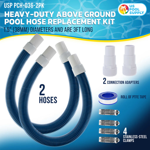 1.5" Heavy-Duty Above Ground Pool Hose Replacement Kit - 2 Durable 3 Foot Hoses, 2 Connection Adapters, 4 Clamps - Compatible with Intex Pool Filter Pumps