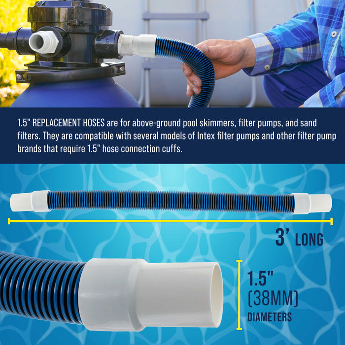 1.5" Heavy-Duty Above Ground Pool Hose Replacement Kit - 2 Durable 3 Foot Hoses, 2 Connection Adapters, 4 Clamps - Compatible with Intex Pool Filter Pumps