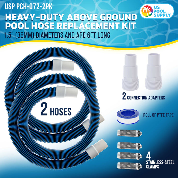 1.5" Heavy-Duty Above Ground Pool Hose Replacement Kit - 2 Durable 6 Foot Hoses, 2 Connection Adapters, 4 Clamps - Compatible with Intex Pool Filter Pumps