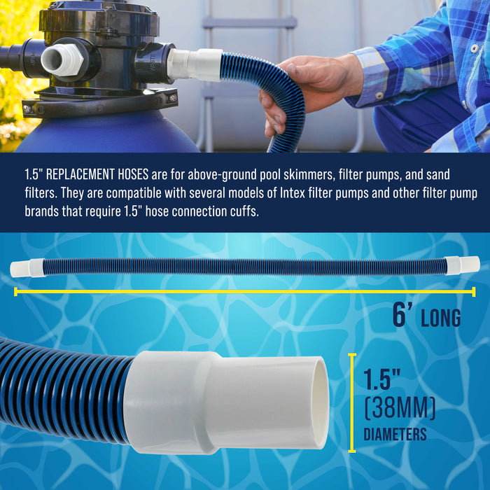 1.5" Heavy-Duty Above Ground Pool Hose Replacement Kit - 2 Durable 6 Foot Hoses, 2 Connection Adapters, 4 Clamps - Compatible with Intex Pool Filter Pumps