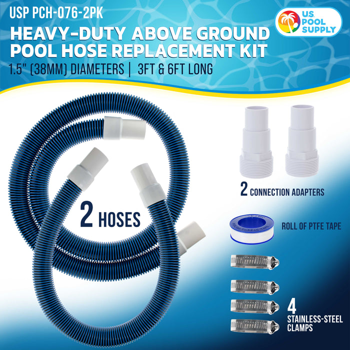 1.5" Heavy-Duty Above Ground Pool Hose Replacement Kit - 3 Foot and 6 Foot Hoses, 2 Connection Adapters, 4 Clamps - Compatible with Intex Pool Filter Pumps