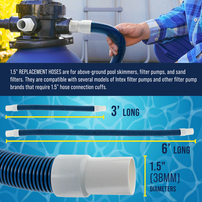 1.5" Heavy-Duty Above Ground Pool Hose Replacement Kit - 3 Foot and 6 Foot Hoses, 2 Connection Adapters, 4 Clamps - Compatible with Intex Pool Filter Pumps