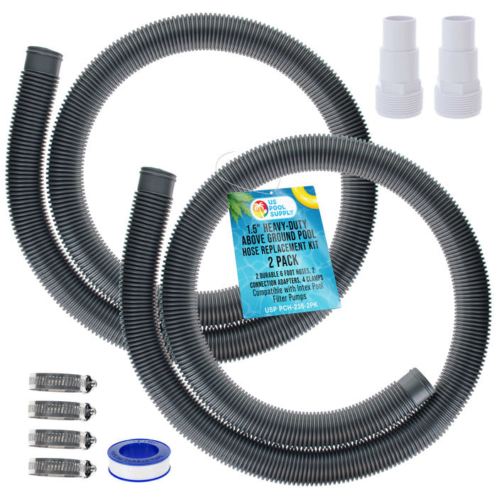 1.5" Heavy-Duty Above Ground Pool Hose Replacement Kit - 2 Silver 6 Foot Hoses, 2 Connection Adapters, 4 Clamps - Compatible with Intex Filter Pumps