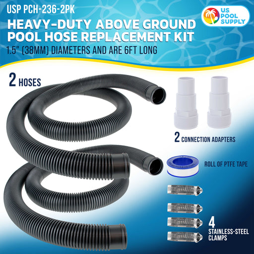 1.5" Heavy-Duty Above Ground Pool Hose Replacement Kit - 2 Silver 6 Foot Hoses, 2 Connection Adapters, 4 Clamps - Compatible with Intex Filter Pumps