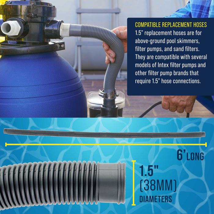 1.5" Heavy-Duty Above Ground Pool Hose Replacement Kit - 2 Silver 6 Foot Hoses, 2 Connection Adapters, 4 Clamps - Compatible with Intex Filter Pumps