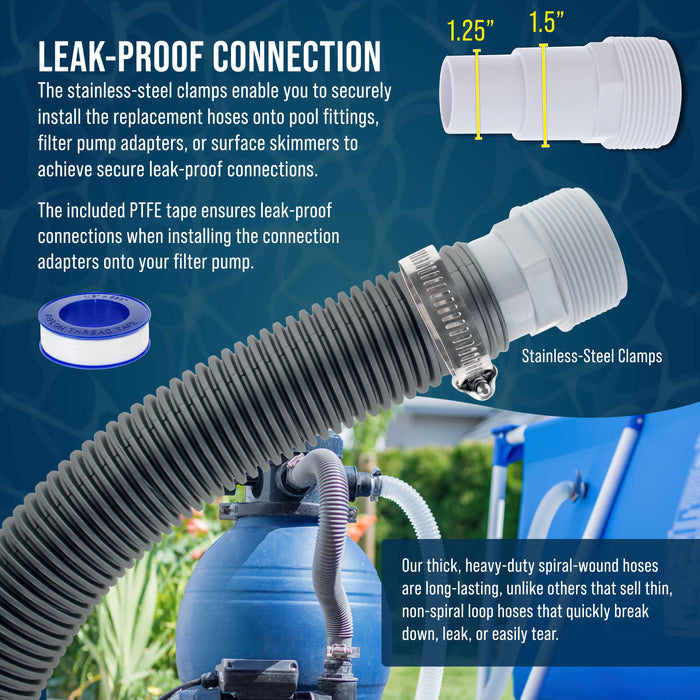 1.5" Heavy-Duty Above Ground Pool Hose Replacement Kit - 2 Silver 6 Foot Hoses, 2 Connection Adapters, 4 Clamps - Compatible with Intex Filter Pumps