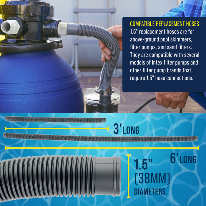 1.5" Heavy-Duty Above Ground Pool Hose Replacement Kit - 3 Foot and 6 Foot Silver Hoses, 2 Connection Adapters, 4 Clamps - Compatible with Intex Filter Pumps