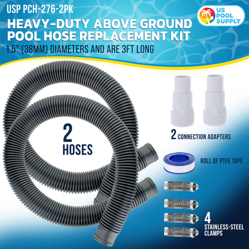 1.5" Heavy-Duty Above Ground Pool Hose Replacement Kit - 2 Silver 3 Foot Hoses, 2 Connection Adapters, 4 Clamps - Compatible with Intex Filter Pumps
