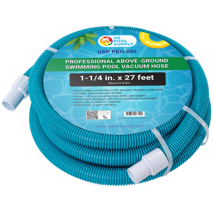 U.S. Pool Supply® 1-1/4" x 27 Foot Professional Above Ground Swimming Pool Vacuum Hose with Swivel Cuff - Removable Cuff, Cut to Fit - Filter Pumps