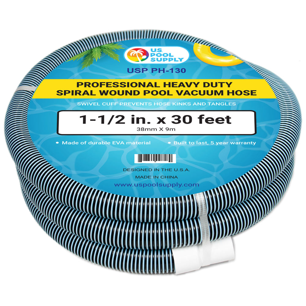 1-1/2" x 30 Foot Heavy Duty Spiral Wound Swimming Pool Vacuum Hose with Kink-Free Swivel Cuff, Flexible - Connect to Vacuum Heads