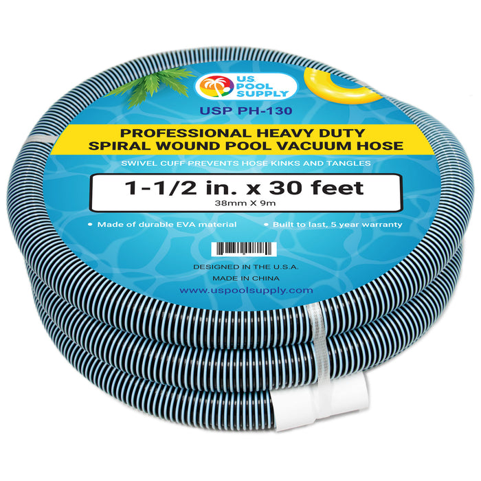 1-1/2" x 30 Foot Heavy Duty Spiral Wound Swimming Pool Vacuum Hose with Kink-Free Swivel Cuff, Flexible - Connect to Vacuum Heads