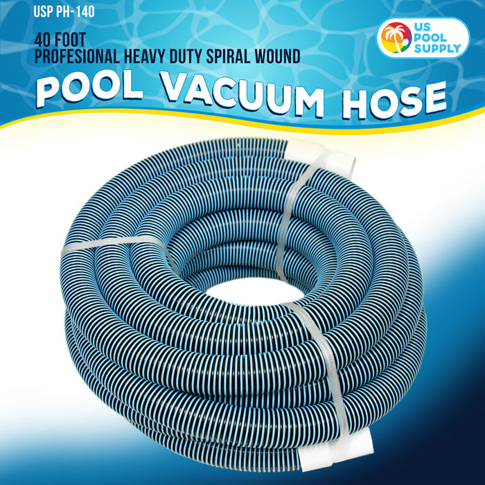 1-1/2" x 40 Foot Heavy Duty Spiral Wound Swimming Pool Vacuum Hose with Kink-Free Swivel Cuff, Flexible - Connect to Vacuum Heads