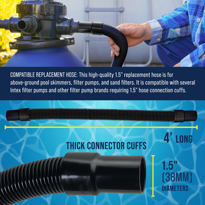 4 Foot Heavy-Duty Above Ground Pool Hose, 1.5" - Black Replacement Filter Connecting Hose, Flexible Spiral Wound EVA - Compatible with Intex for Pool Filter Pumps - Skimmer Pump