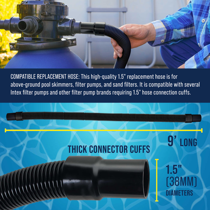 9 Foot Heavy-Duty Above Ground Pool Hose, 1.5" - Black Replacement Filter Connecting Hose, Flexible Spiral Wound EVA - Compatible with Intex for Pool Filter Pumps - Skimmer Pump