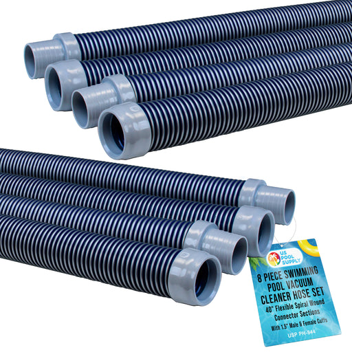 U.S. Pool Supply Professional 8 Piece Swimming Pool Vacuum Cleaner Hose Set, Blue & Gray - 40" Flexible Spiral Wound Connector Sections, 1.5" Cuffs