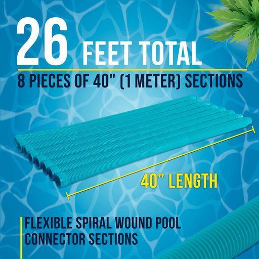 Professional 8 Piece Swimming Pool Vacuum Cleaner Hose Set, Teal - 40" Flexible Spiral Wound Connector Sections with 1.5" Cuffs