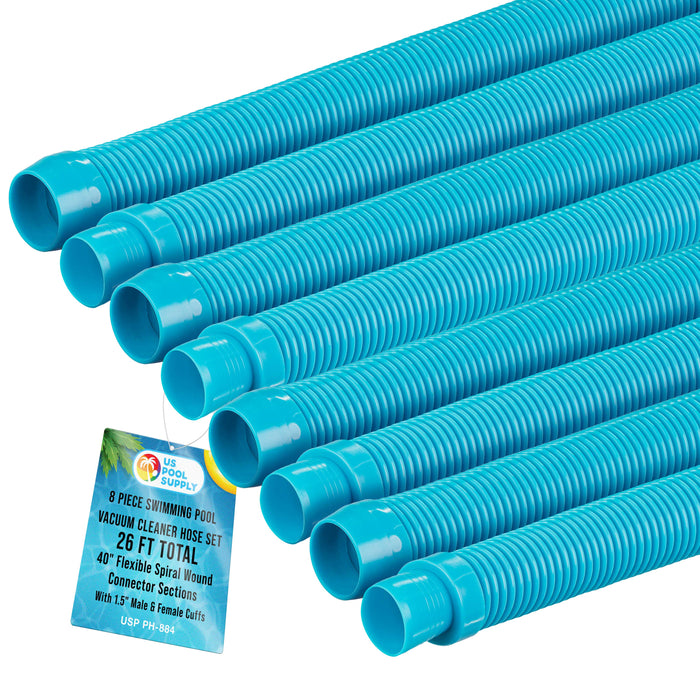 U.S. Pool Supply Professional 8 Piece Swimming Pool Vacuum Cleaner Hose Set, Teal - 40" Flexible Spiral Wound Connector Sections with 1.5" Cuffs