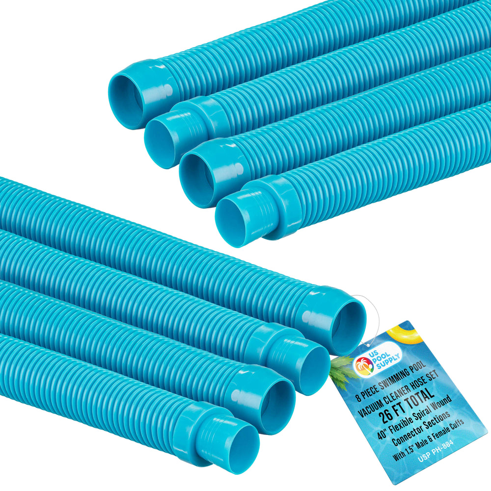 Professional 8 Piece Swimming Pool Vacuum Cleaner Hose Set, Teal - 40" Flexible Spiral Wound Connector Sections with 1.5" Cuffs