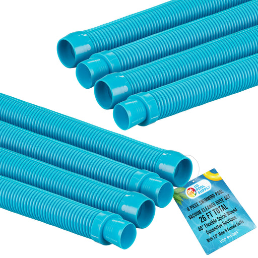 Professional 8 Piece Swimming Pool Vacuum Cleaner Hose Set, Teal - 40" Flexible Spiral Wound Connector Sections with 1.5" Cuffs