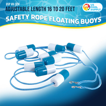 Swimming Pool Adjustable Length 16 to 20 Feet Safety Rope with Floating Buoys - Section Off Hazardous Areas, Dividing Lanes, Hooks