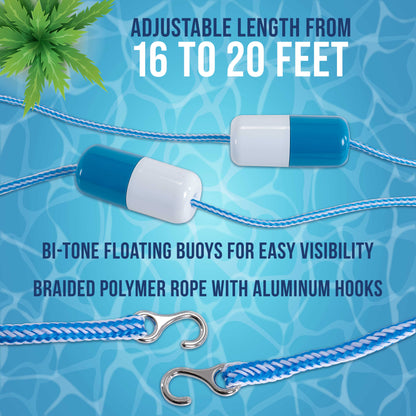 Swimming Pool Adjustable Length 16 to 20 Feet Safety Rope with Floating Buoys - Section Off Hazardous Areas, Dividing Lanes, Hooks