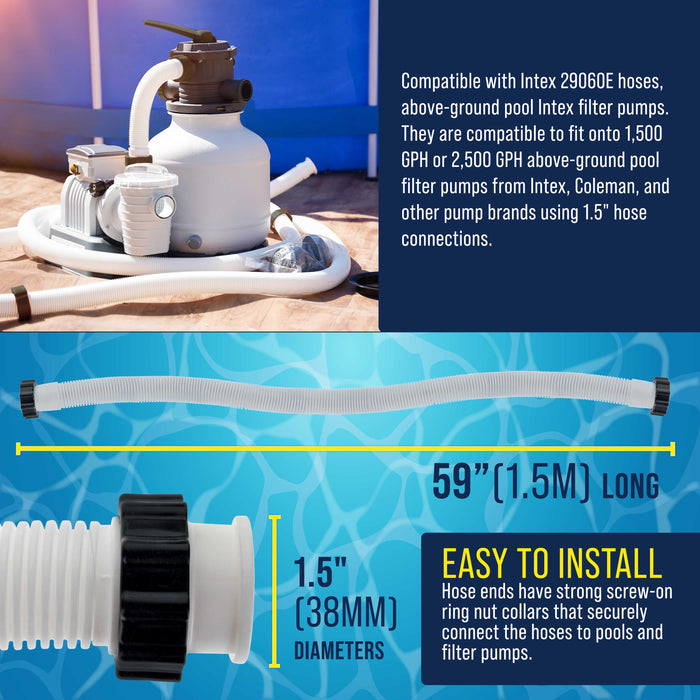 Above Ground Pool Hose Replacement 1.5" Diameter x 59" Long, Pack of 2 - Compatible with Intex 29060E, Pool Filter Pump Hoses, Sand Filters, Saltwater Systems with 1,500 to 2,500 GPH