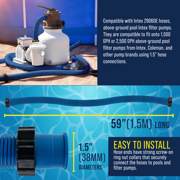 U.S. Pool Supply Above Ground Pool Hose Replacement 1.5" Diameter x 59" Long, Pack of 2, Blue - Compatible with Intex 29060E, Pool Filter Pump Hoses, Sand Filters, Saltwater Systems 1,500 to 2,500 GPH
