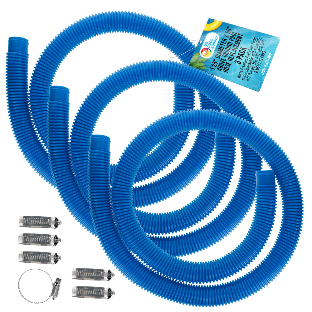 Above Ground Pool Hose Replacement 1.25" Diameter x 59" Long, Pack of 3 - Blue Premium Pool Filter Pump Hoses Compatible with Intex 607, 637 Pumps, 330, 530, 1000 GPH - 6 Metal Clamps