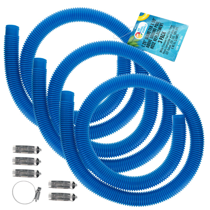 Above Ground Pool Hose Replacement 1.25" Diameter x 59" Long, Pack of 3 - Blue Premium Pool Filter Pump Hoses Compatible with Intex 607, 637 Pumps, 330, 530, 1000 GPH - 6 Metal Clamps