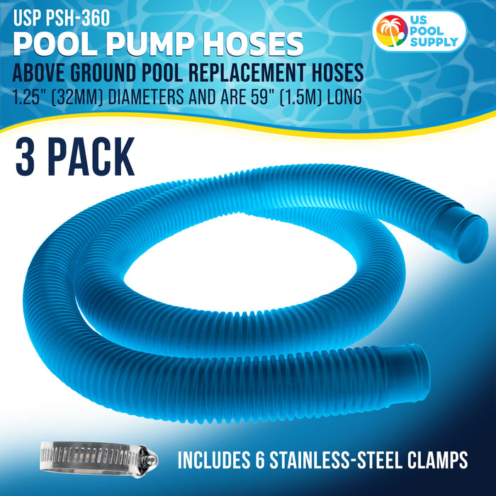 Above Ground Pool Hose Replacement 1.25" Diameter x 59" Long, Pack of 3 - Blue Premium Pool Filter Pump Hoses Compatible with Intex 607, 637 Pumps, 330, 530, 1000 GPH - 6 Metal Clamps