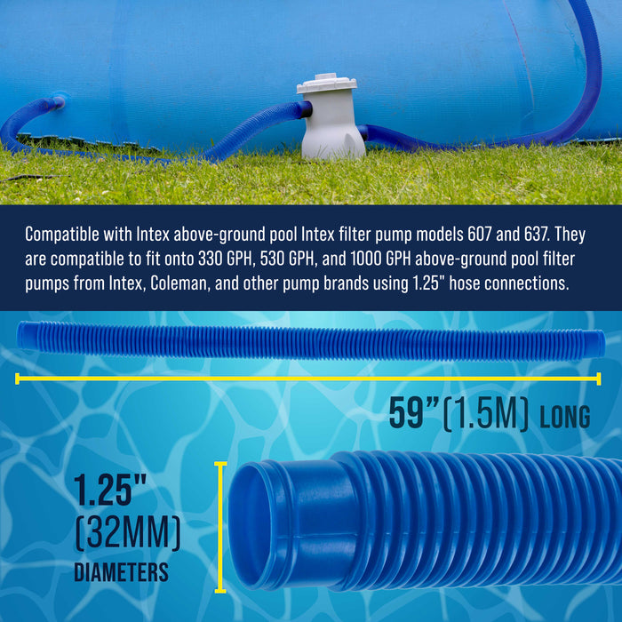 Above Ground Pool Hose Replacement 1.25" Diameter x 59" Long, Pack of 3 - Blue Premium Pool Filter Pump Hoses Compatible with Intex 607, 637 Pumps, 330, 530, 1000 GPH - 6 Metal Clamps