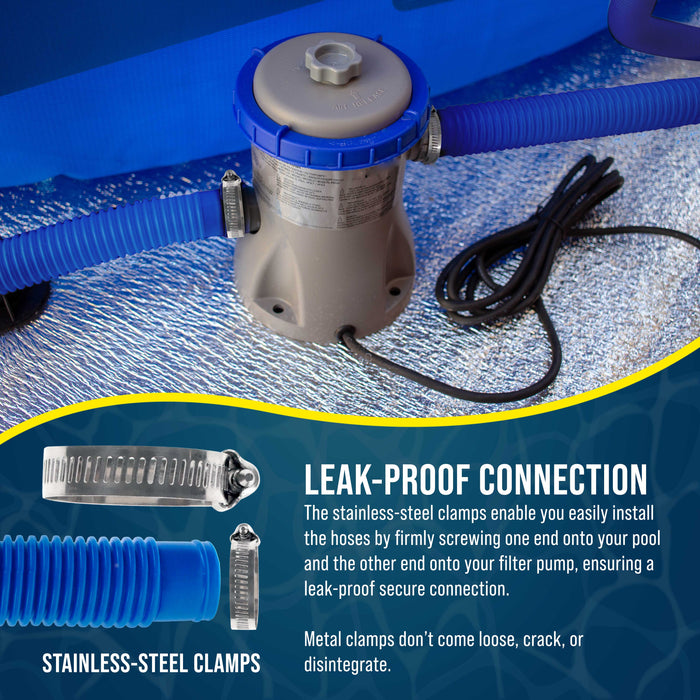 Above Ground Pool Hose Replacement 1.25" Diameter x 59" Long, Pack of 3 - Blue Premium Pool Filter Pump Hoses Compatible with Intex 607, 637 Pumps, 330, 530, 1000 GPH - 6 Metal Clamps