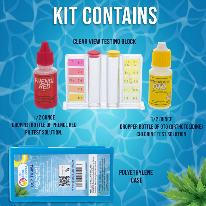 Basic 3-Way Swimming Pool & Spa Test Kit - Tests Water for pH, Chlorine, and Bromine - OTO and Phenol Red Test Solutions - Maintain the Proper Chemical Balance of Pool Water