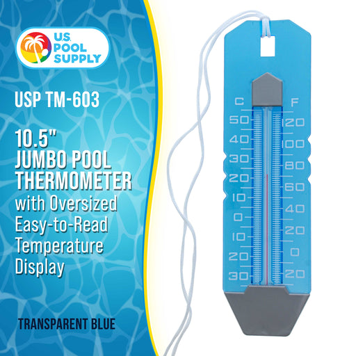 U.S. Pool Supply 10.5" Jumbo Pool Thermometer with Oversized Easy-to-Read Temperature Display,  Tether String - Swimming Pool, Spa - 120° F (50° C)