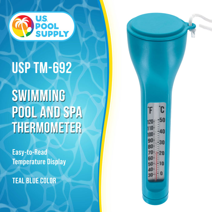 U.S. Pool Supply Plastic Pool Thermometer, Blue - Easy-to-Read Temperature Display, Measures Up to 120° F (50° C), Tether String, Swimming Pools, Spas