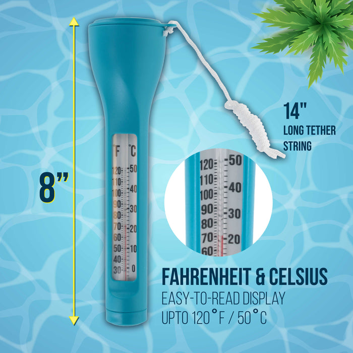 U.S. Pool Supply Plastic Pool Thermometer, Blue - Easy-to-Read Temperature Display, Measures Up to 120° F (50° C), Tether String, Swimming Pools, Spas