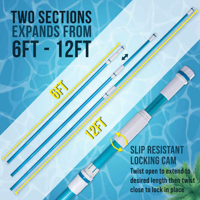 U.S. Pool Supply® 12 Foot Blue Anodized Aluminum Telescopic Swimming Pool Pole, Adjustable 2 Piece Expandable Step-Up - Attach Connect Skimmer Nets, Rakes, Brushes