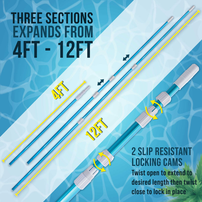 U.S. Pool Supply® 12 Foot Blue Anodized Aluminum Telescopic Swimming Pool Pole, Adjustable 3 Piece Expandable Step-Up - Attach Connect Skimmer Nets, Rakes, Brushes