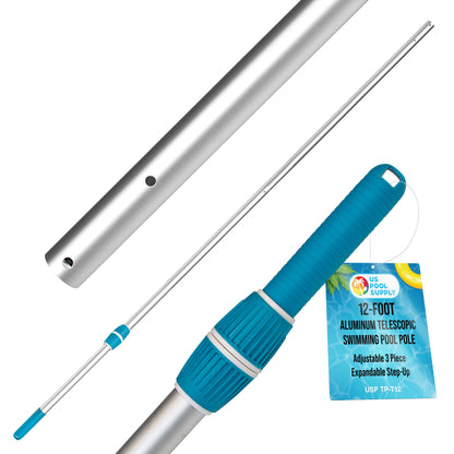 Professional 12-Foot Aluminum Telescopic Swimming Pool Pole, 3 Piece Expandable Step-Up - Twist Locking Cams, Attach Skimmer Nets