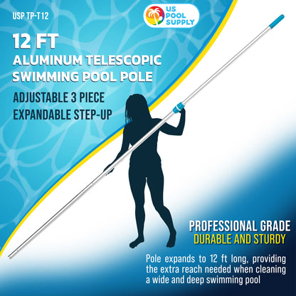 Professional 12-Foot Aluminum Telescopic Swimming Pool Pole, 3 Piece Expandable Step-Up - Twist Locking Cams, Attach Skimmer Nets