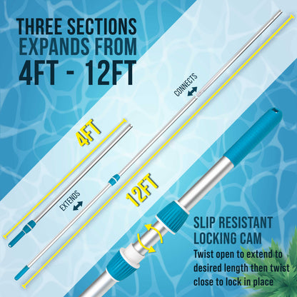 Professional 12-Foot Aluminum Telescopic Swimming Pool Pole, 3 Piece Expandable Step-Up - Twist Locking Cams, Attach Skimmer Nets