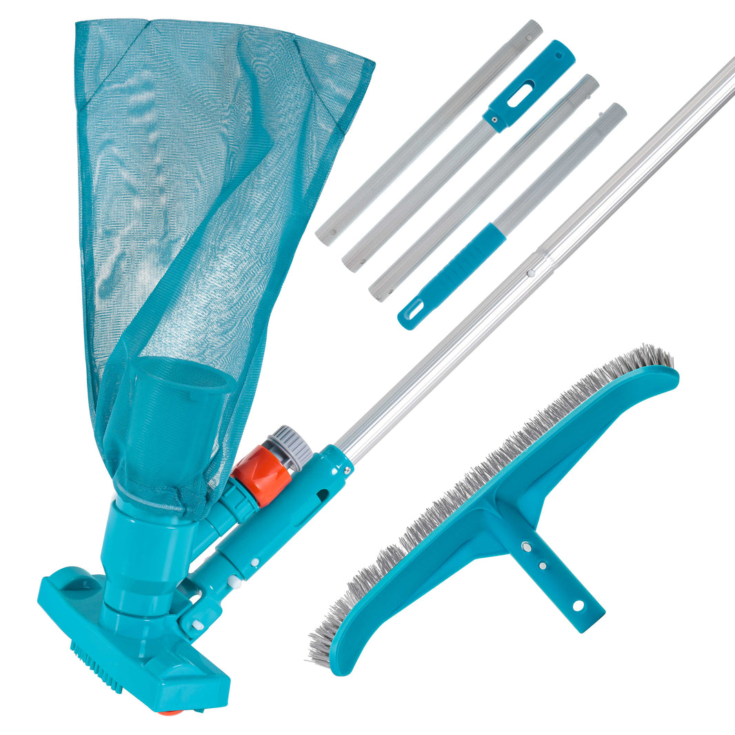 Deluxe Swimming Pool Maintenance Kit with Deluxe Jet Vacuum, 16" Floor & Wall Scrub Brush, Adjustable Telescopic Pole - Remove Debris