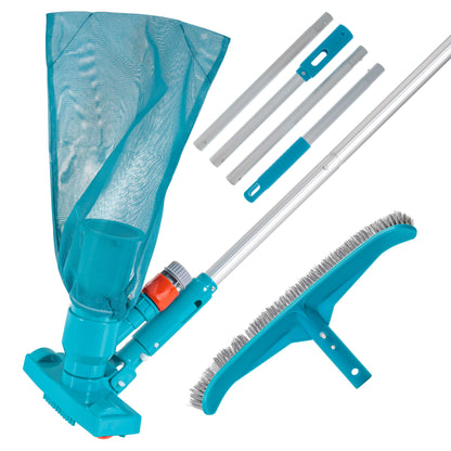 Deluxe Swimming Pool Maintenance Kit with Deluxe Jet Vacuum, 16" Floor & Wall Scrub Brush, Adjustable Telescopic Pole - Remove Debris