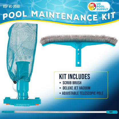 Deluxe Swimming Pool Maintenance Kit with Deluxe Jet Vacuum, 16" Floor & Wall Scrub Brush, Adjustable Telescopic Pole - Remove Debris