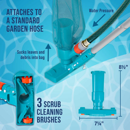 Deluxe Swimming Pool Maintenance Kit with Deluxe Jet Vacuum, 16" Floor & Wall Scrub Brush, Adjustable Telescopic Pole - Remove Debris