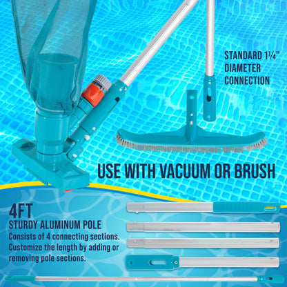 Deluxe Swimming Pool Maintenance Kit with Deluxe Jet Vacuum, 16" Floor & Wall Scrub Brush, Adjustable Telescopic Pole - Remove Debris