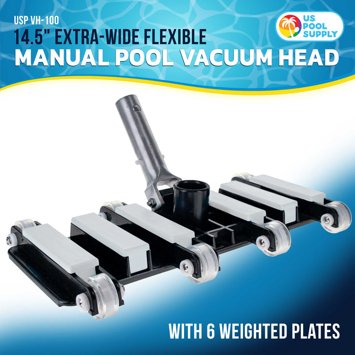 Manual Pool Vacuum Head for Inground Pools, Flexible, Extra-Wide, Weighted - 6 Weights, Connect 1.5" Hose, Metal Pole Handle - Swimming Cleaning Accessory Attachment, Vac Clean Debris